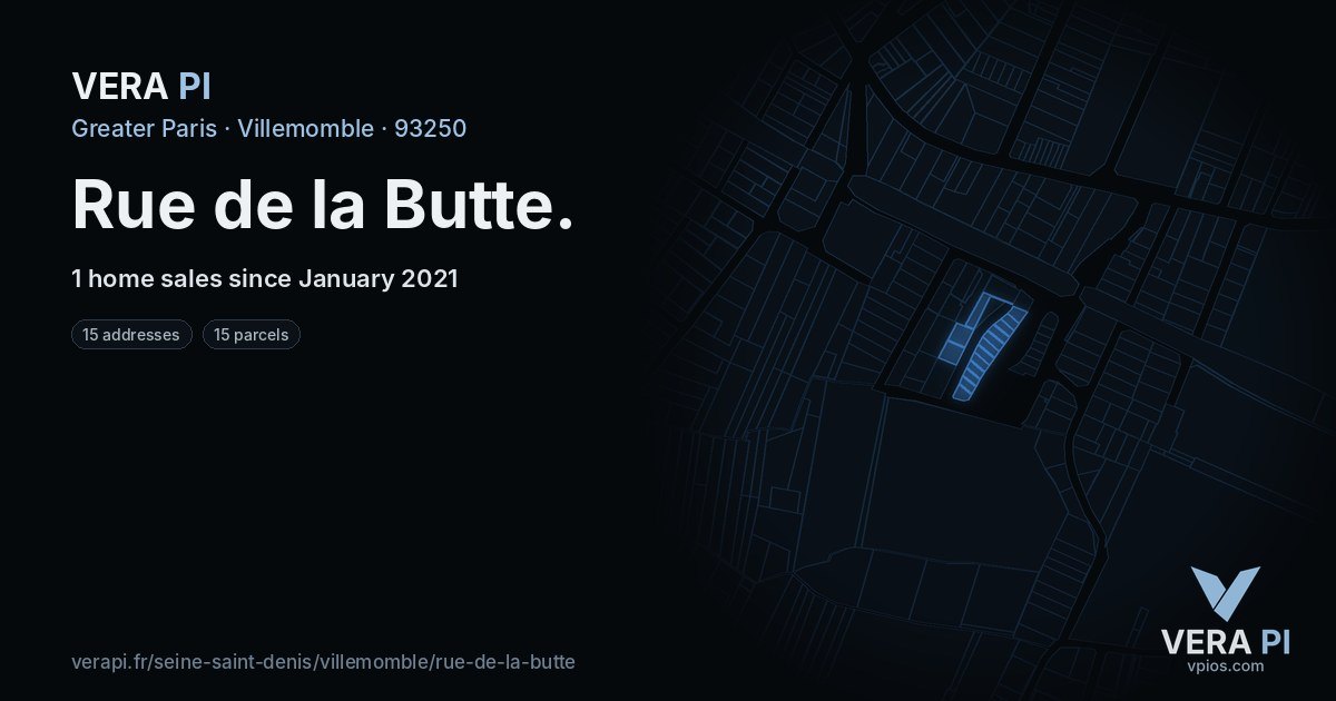 Rue de la Butte, Villemomble at night – every parcel coloured by the prices around it, the street's own parcels lit