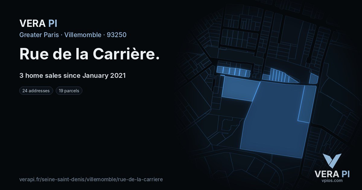 Rue de la Carrière, Villemomble at night – every parcel coloured by the prices around it, the street's own parcels lit