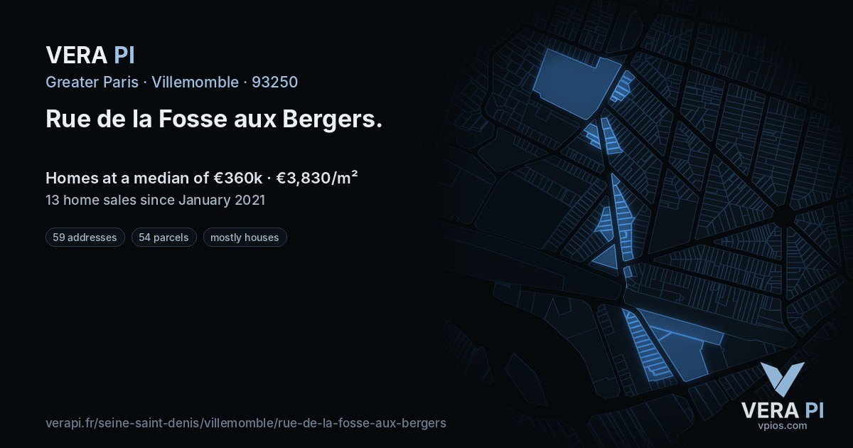 Rue de la Fosse aux Bergers, Villemomble at night – every parcel coloured by the prices around it, the street's own parcels lit
