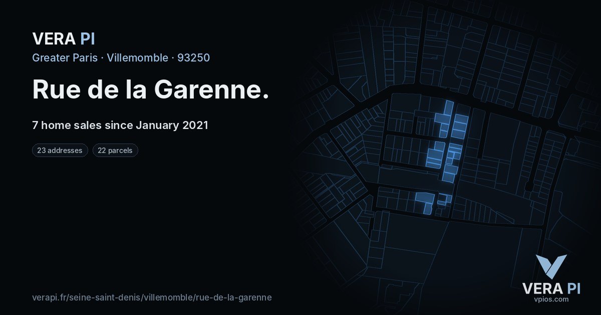 Rue de la Garenne, Villemomble at night – every parcel coloured by the prices around it, the street's own parcels lit