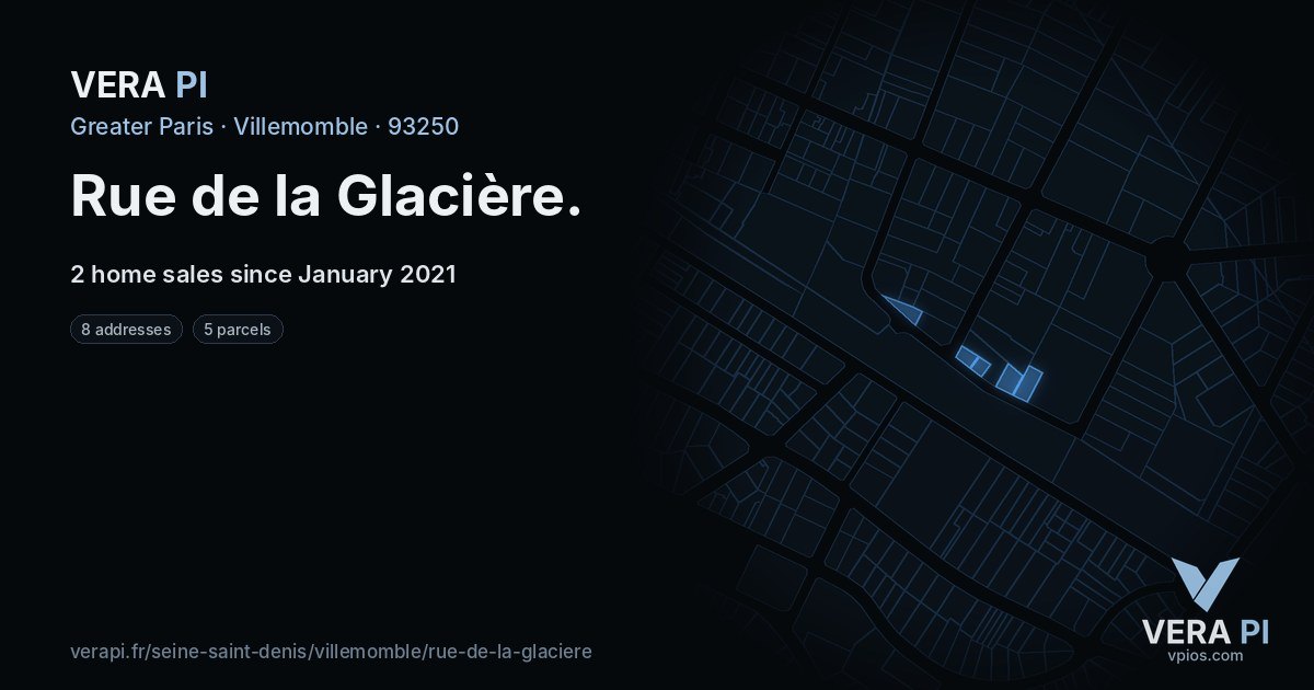 Rue de la Glacière, Villemomble at night – every parcel coloured by the prices around it, the street's own parcels lit