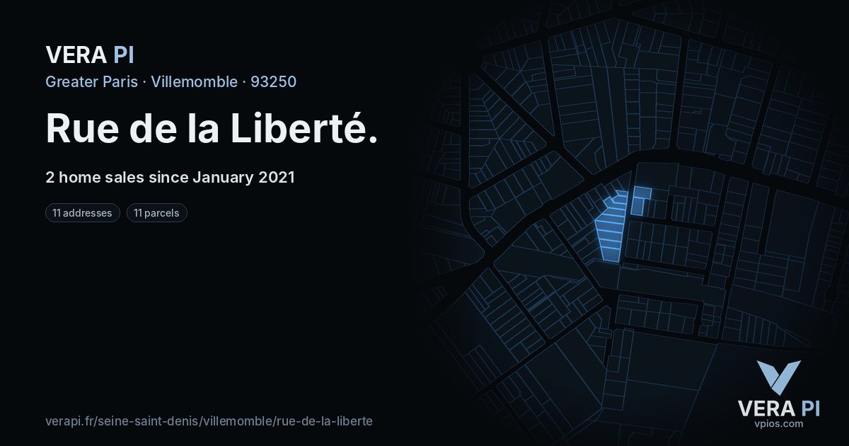 Rue de la Liberté, Villemomble at night – every parcel coloured by the prices around it, the street's own parcels lit