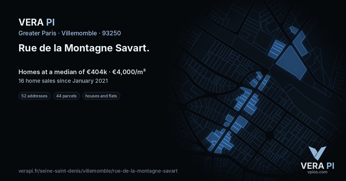 Rue de la Montagne Savart, Villemomble at night – every parcel coloured by the prices around it, the street's own parcels lit