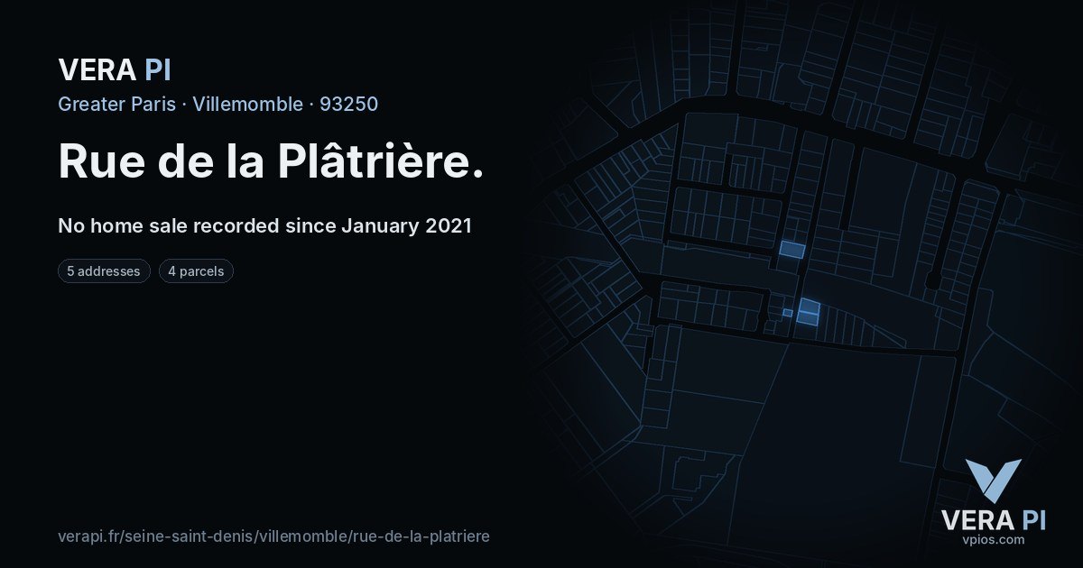 Rue de la Plâtrière, Villemomble at night – every parcel coloured by the prices around it, the street's own parcels lit