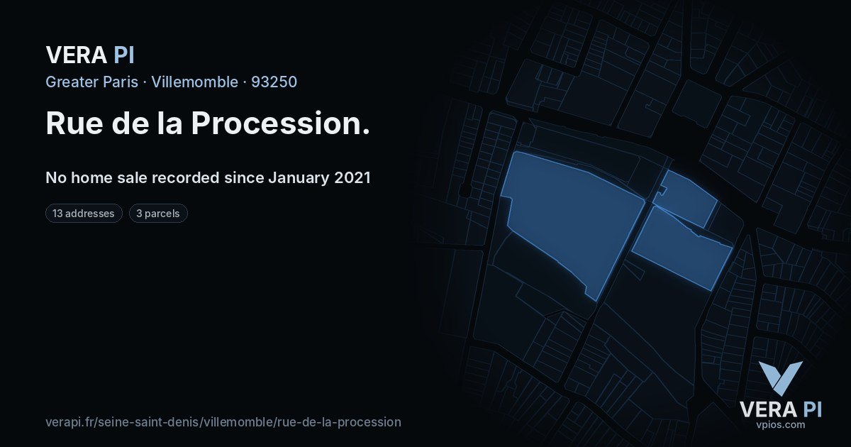 Rue de la Procession, Villemomble at night – every parcel coloured by the prices around it, the street's own parcels lit