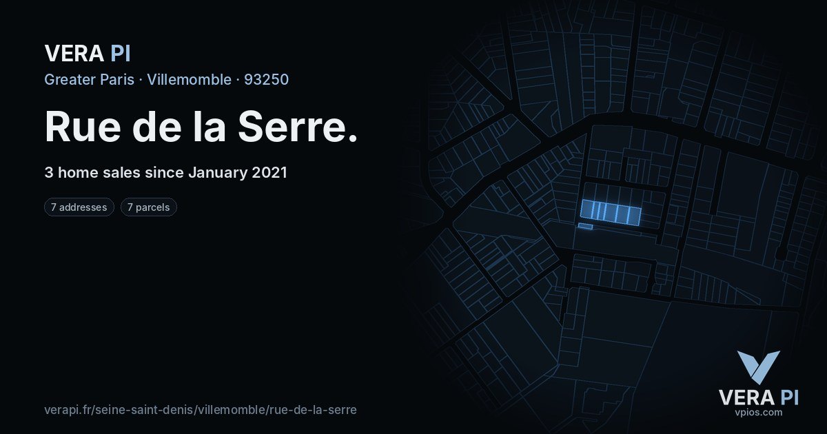 Rue de la Serre, Villemomble at night – every parcel coloured by the prices around it, the street's own parcels lit