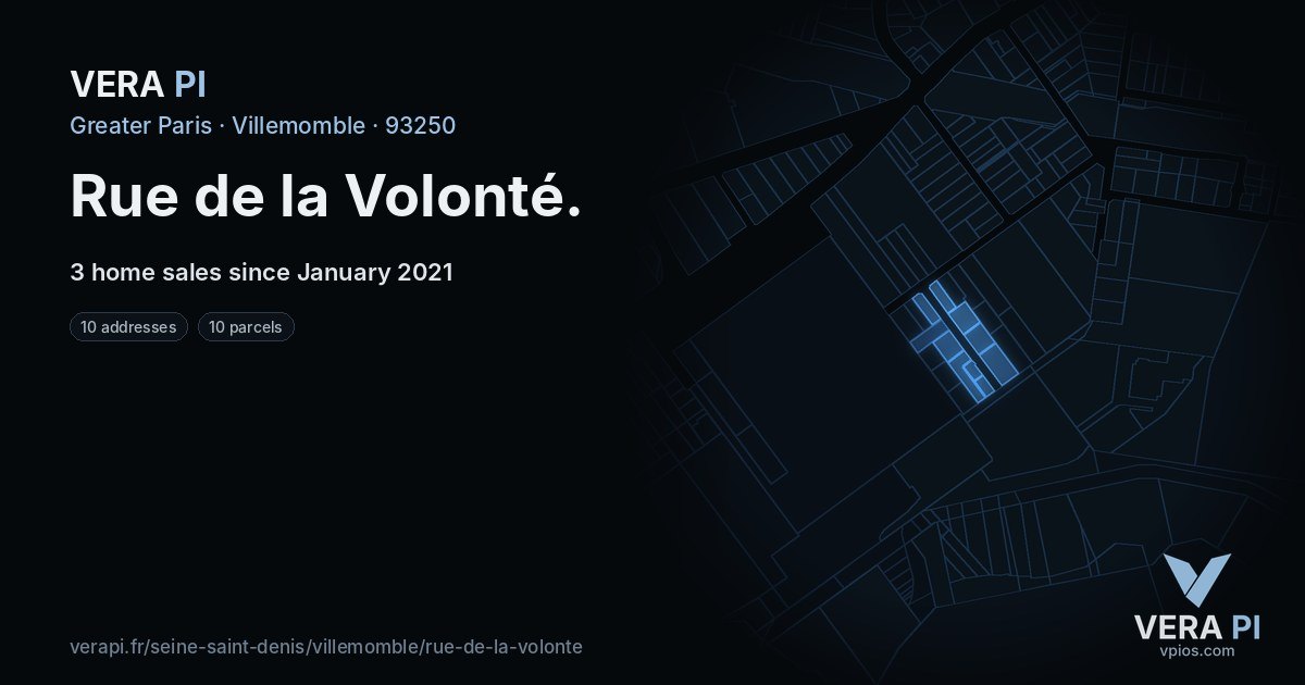 Rue de la Volonté, Villemomble at night – every parcel coloured by the prices around it, the street's own parcels lit