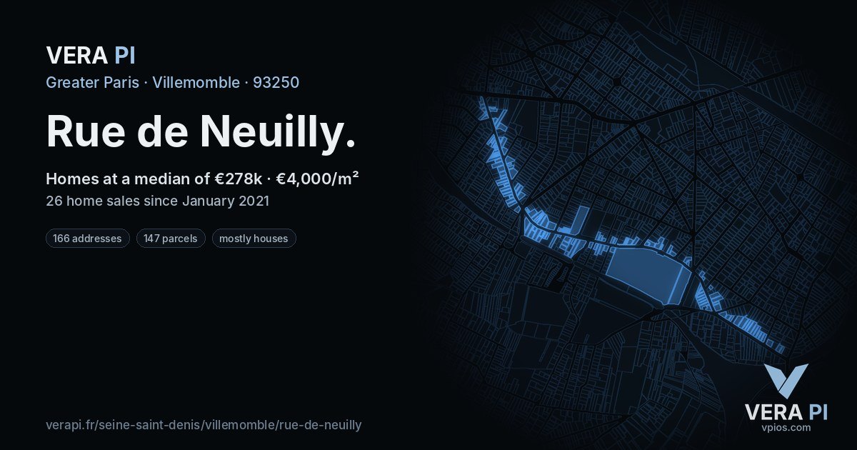 Rue de Neuilly, Villemomble at night – every parcel coloured by the prices around it, the street's own parcels lit