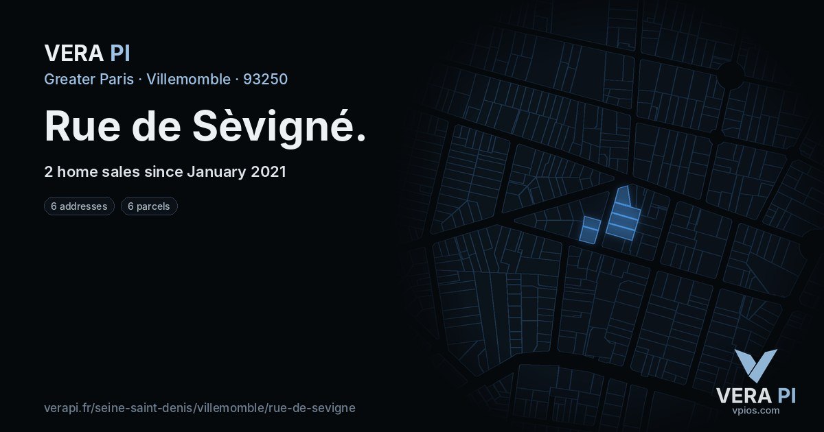 Rue de Sèvigné, Villemomble at night – every parcel coloured by the prices around it, the street's own parcels lit