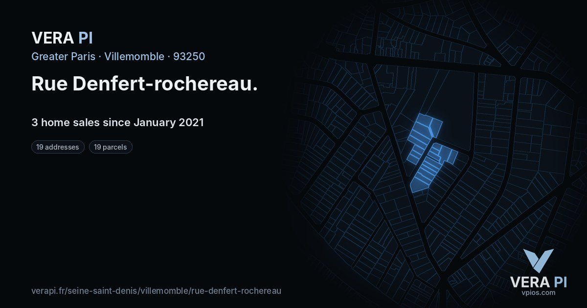 Rue Denfert-rochereau, Villemomble at night – every parcel coloured by the prices around it, the street's own parcels lit