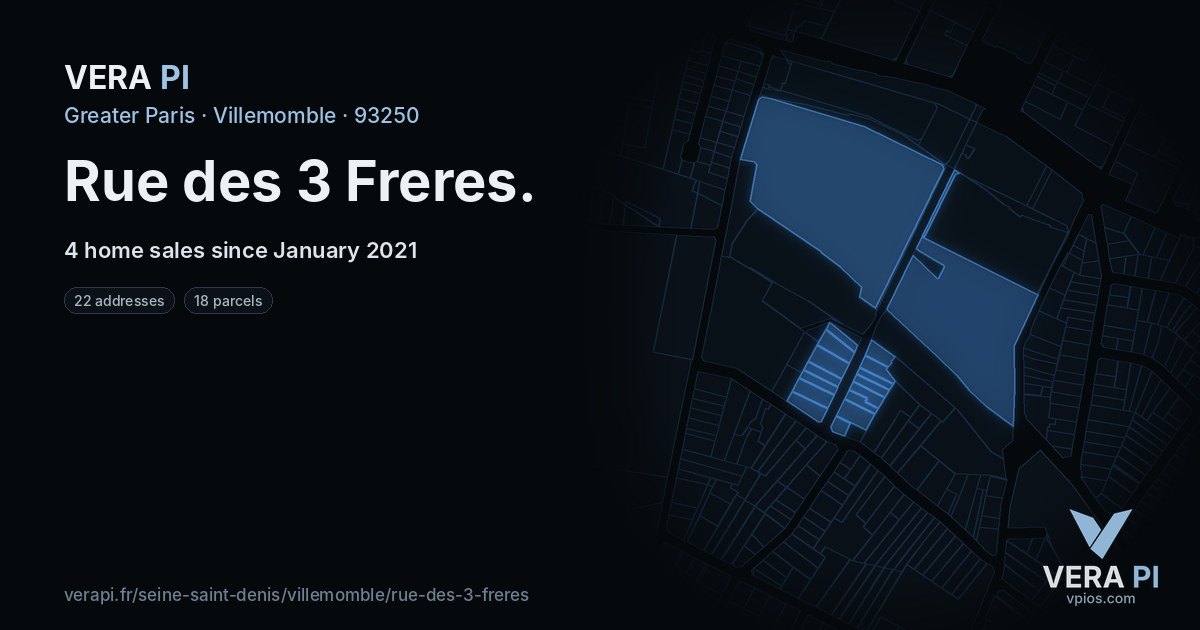 Rue des 3 Freres, Villemomble at night – every parcel coloured by the prices around it, the street's own parcels lit