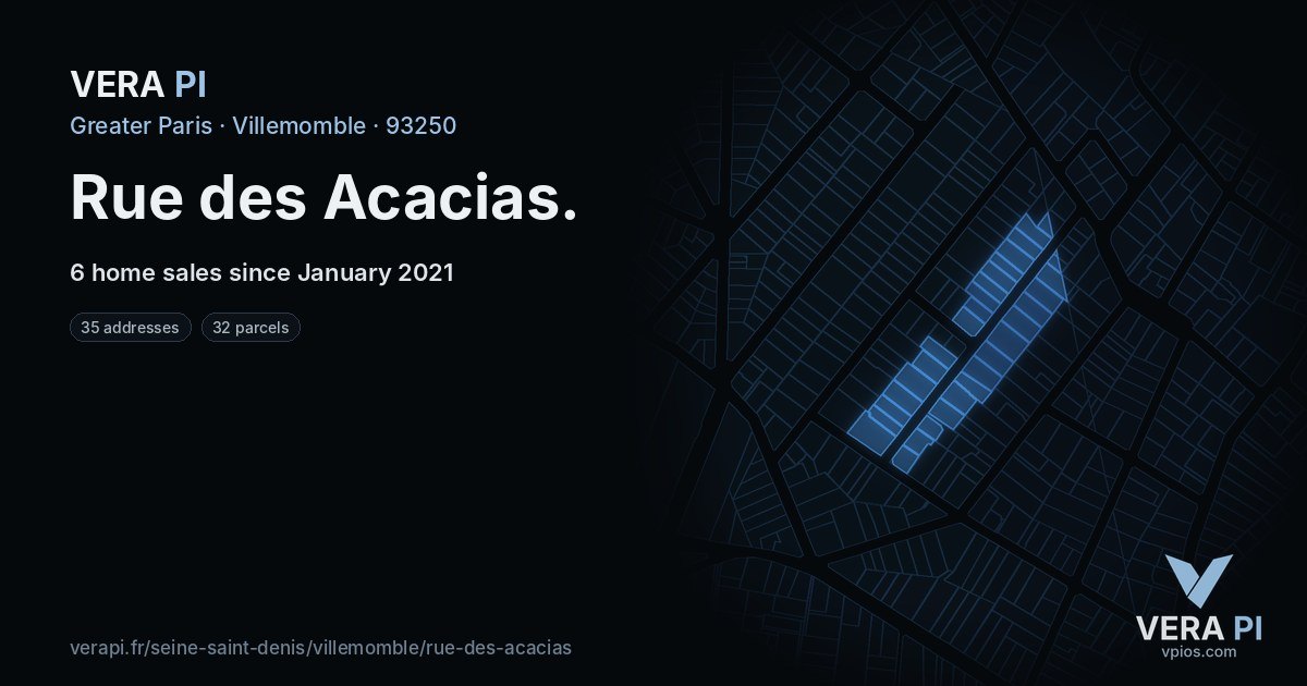 Rue des Acacias, Villemomble at night – every parcel coloured by the prices around it, the street's own parcels lit