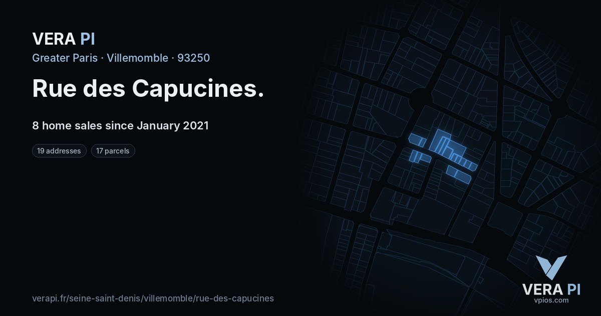 Rue des Capucines, Villemomble at night – every parcel coloured by the prices around it, the street's own parcels lit
