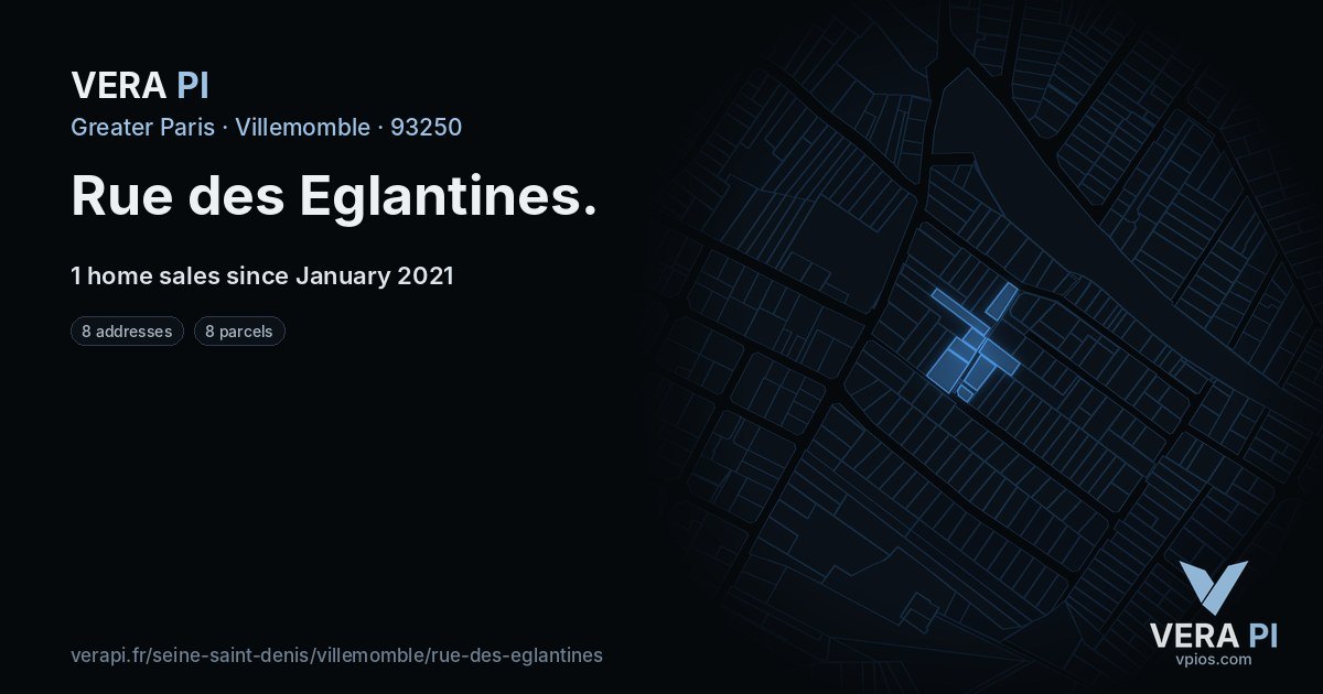 Rue des Eglantines, Villemomble at night – every parcel coloured by the prices around it, the street's own parcels lit