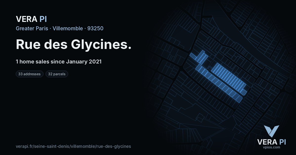 Rue des Glycines, Villemomble at night – every parcel coloured by the prices around it, the street's own parcels lit