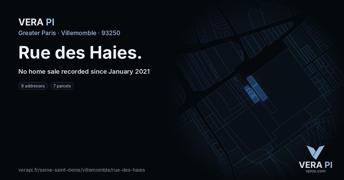 Rue des Haies, Villemomble at night – every parcel coloured by the prices around it, the street's own parcels lit