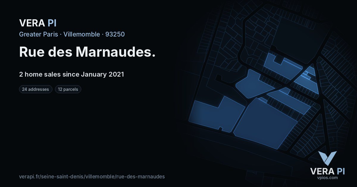 Rue des Marnaudes, Villemomble at night – every parcel coloured by the prices around it, the street's own parcels lit
