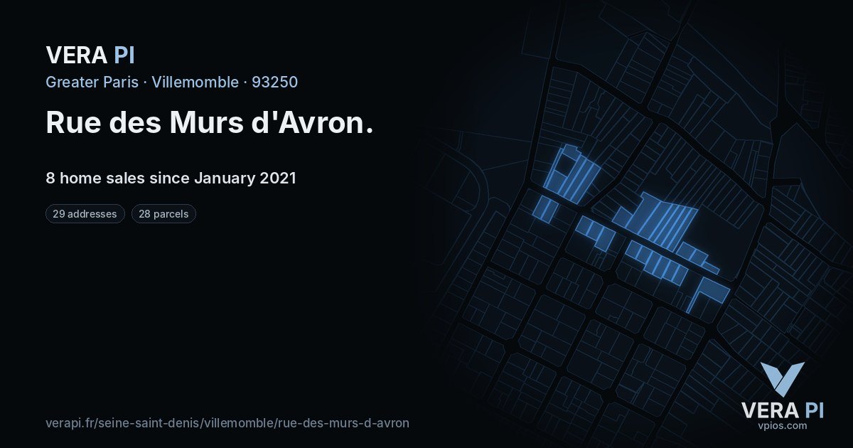 Rue des Murs d'Avron, Villemomble at night – every parcel coloured by the prices around it, the street's own parcels lit