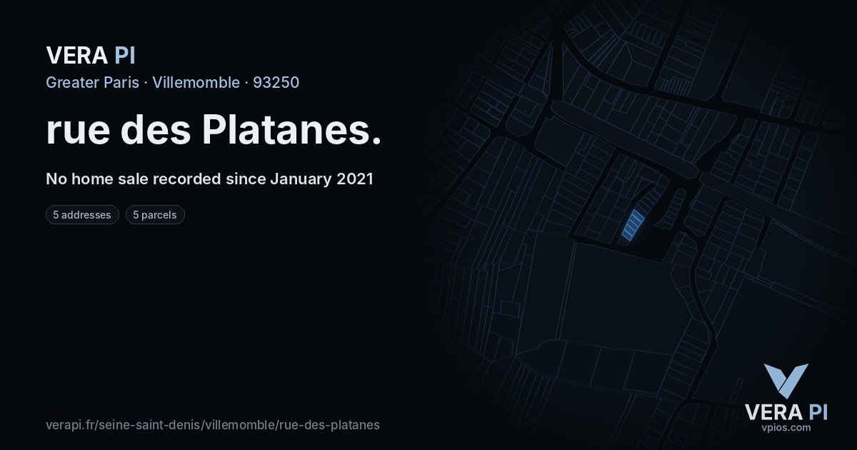 rue des Platanes, Villemomble at night – every parcel coloured by the prices around it, the street's own parcels lit