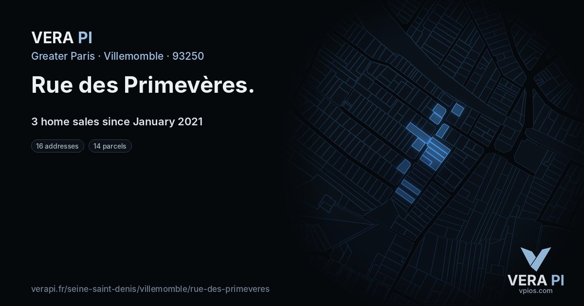 Rue des Primevères, Villemomble at night – every parcel coloured by the prices around it, the street's own parcels lit