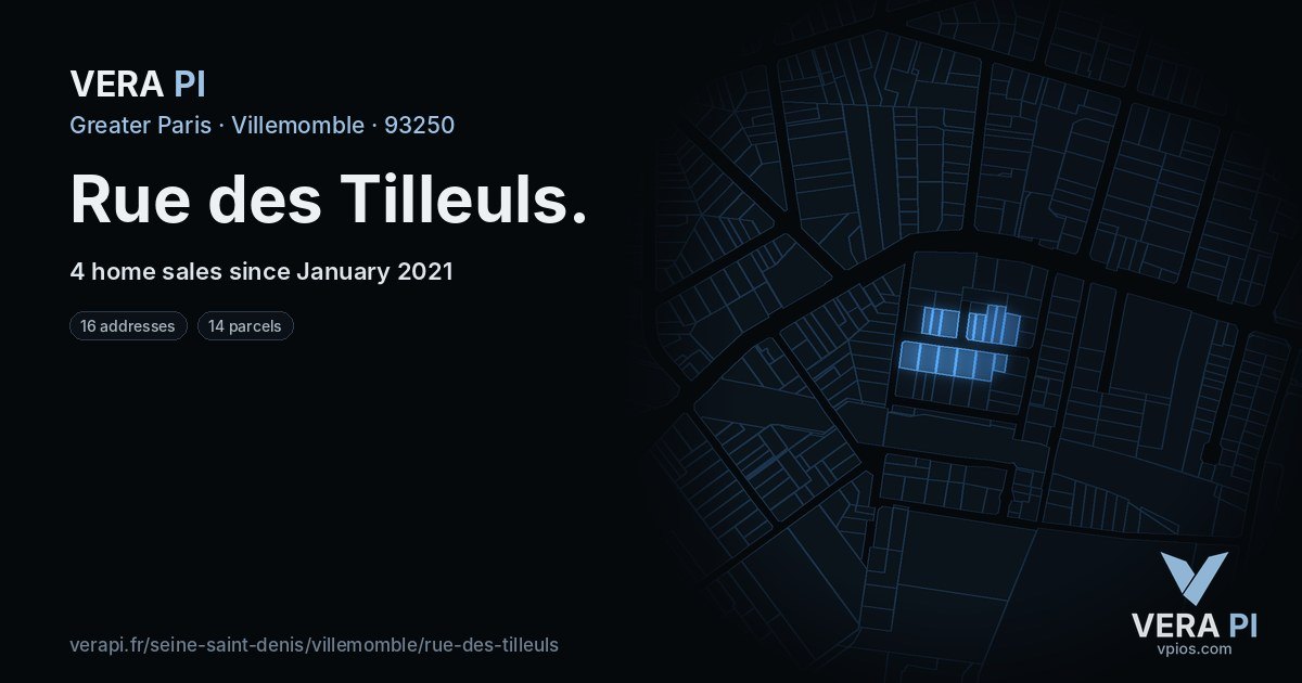 Rue des Tilleuls, Villemomble at night – every parcel coloured by the prices around it, the street's own parcels lit