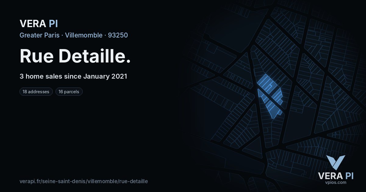 Rue Detaille, Villemomble at night – every parcel coloured by the prices around it, the street's own parcels lit