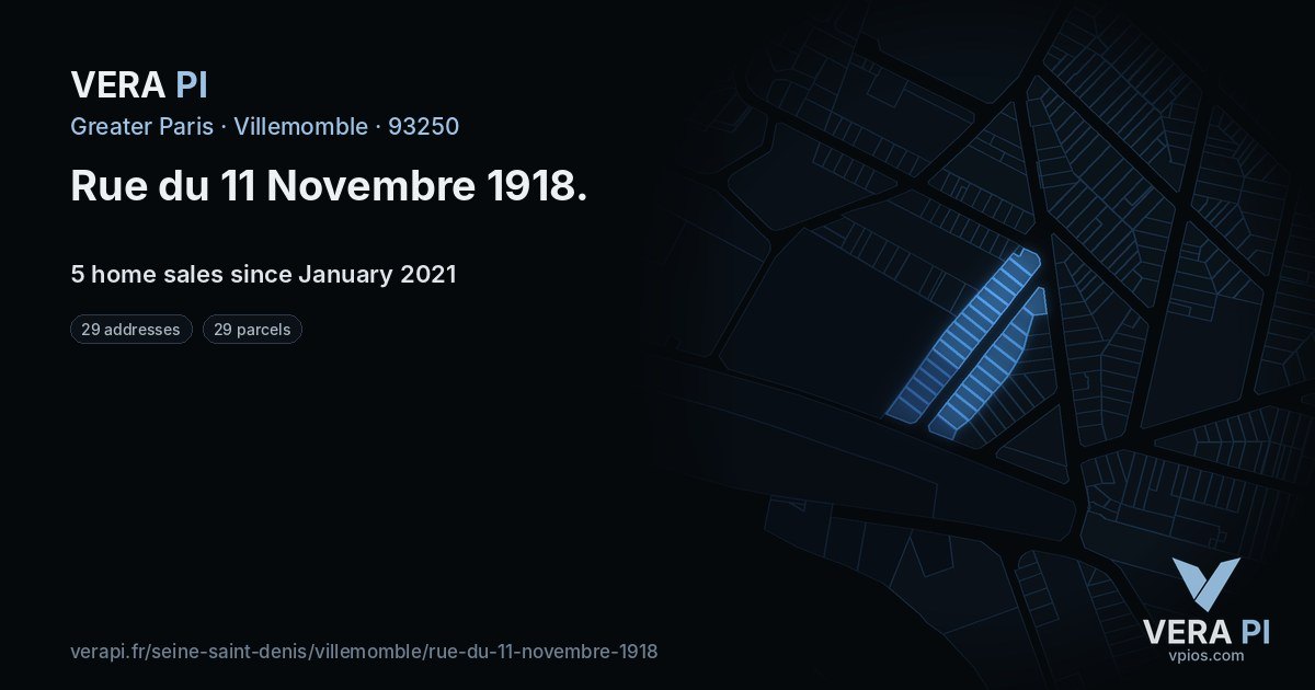 Rue du 11 Novembre 1918, Villemomble at night – every parcel coloured by the prices around it, the street's own parcels lit