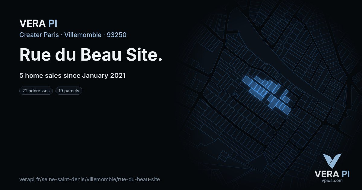 Rue du Beau Site, Villemomble at night – every parcel coloured by the prices around it, the street's own parcels lit