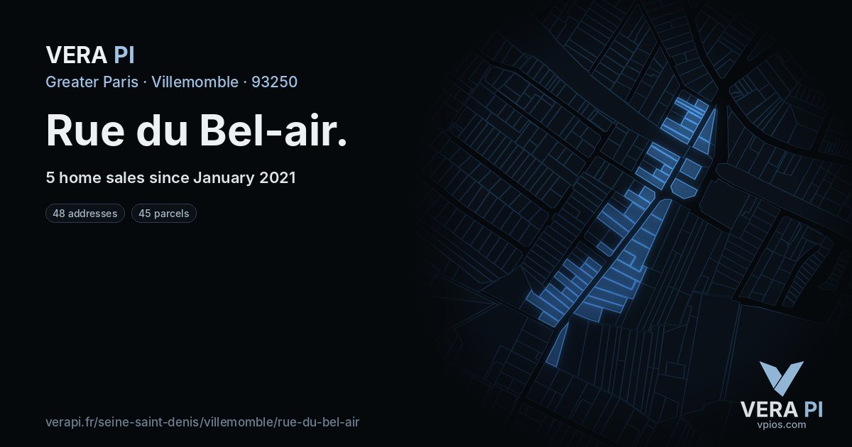 Rue du Bel-air, Villemomble at night – every parcel coloured by the prices around it, the street's own parcels lit
