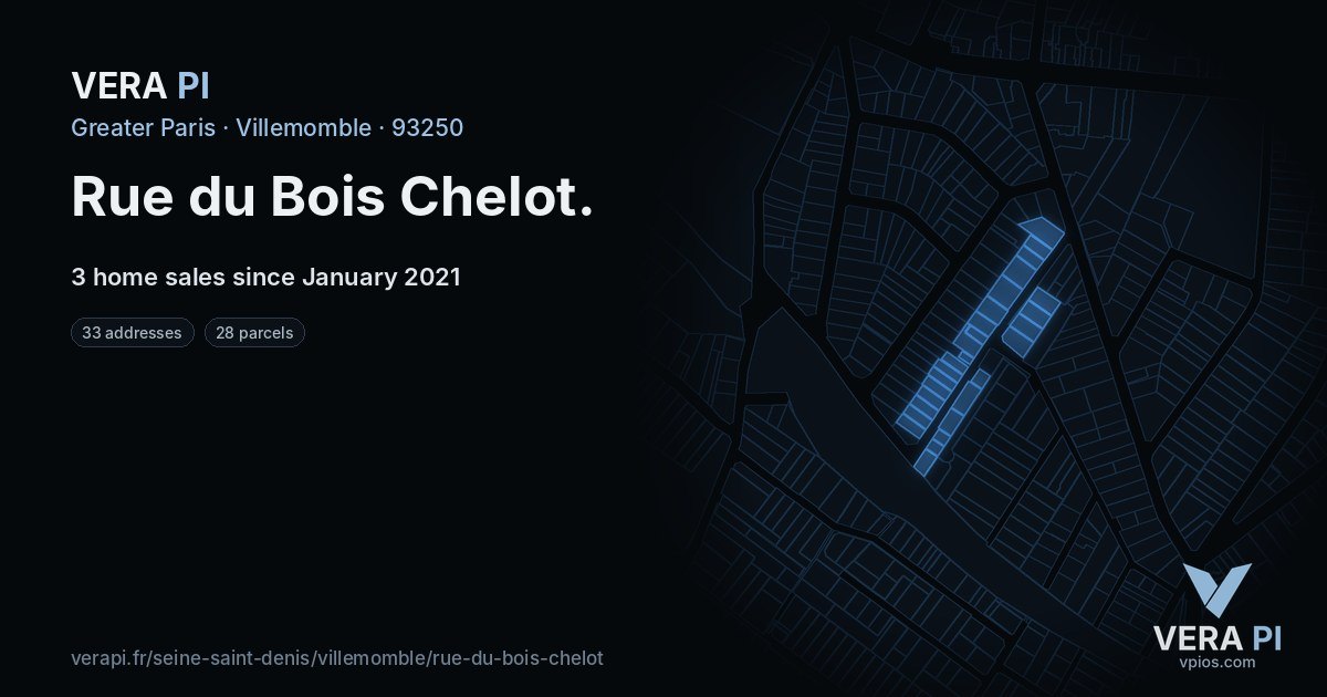Rue du Bois Chelot, Villemomble at night – every parcel coloured by the prices around it, the street's own parcels lit