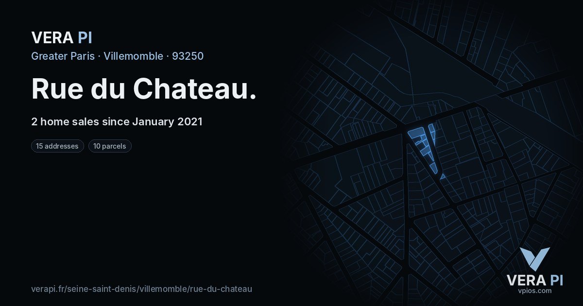Rue du Chateau, Villemomble at night – every parcel coloured by the prices around it, the street's own parcels lit