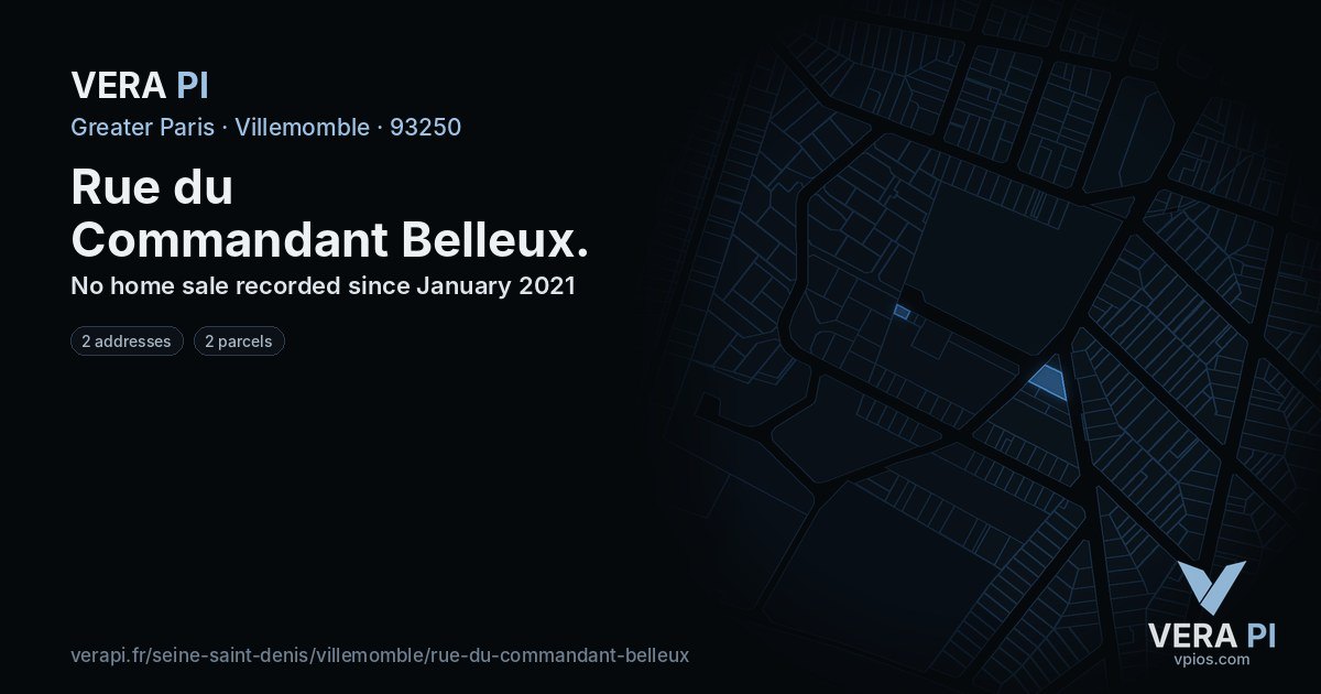 Rue du Commandant Belleux, Villemomble at night – every parcel coloured by the prices around it, the street's own parcels lit