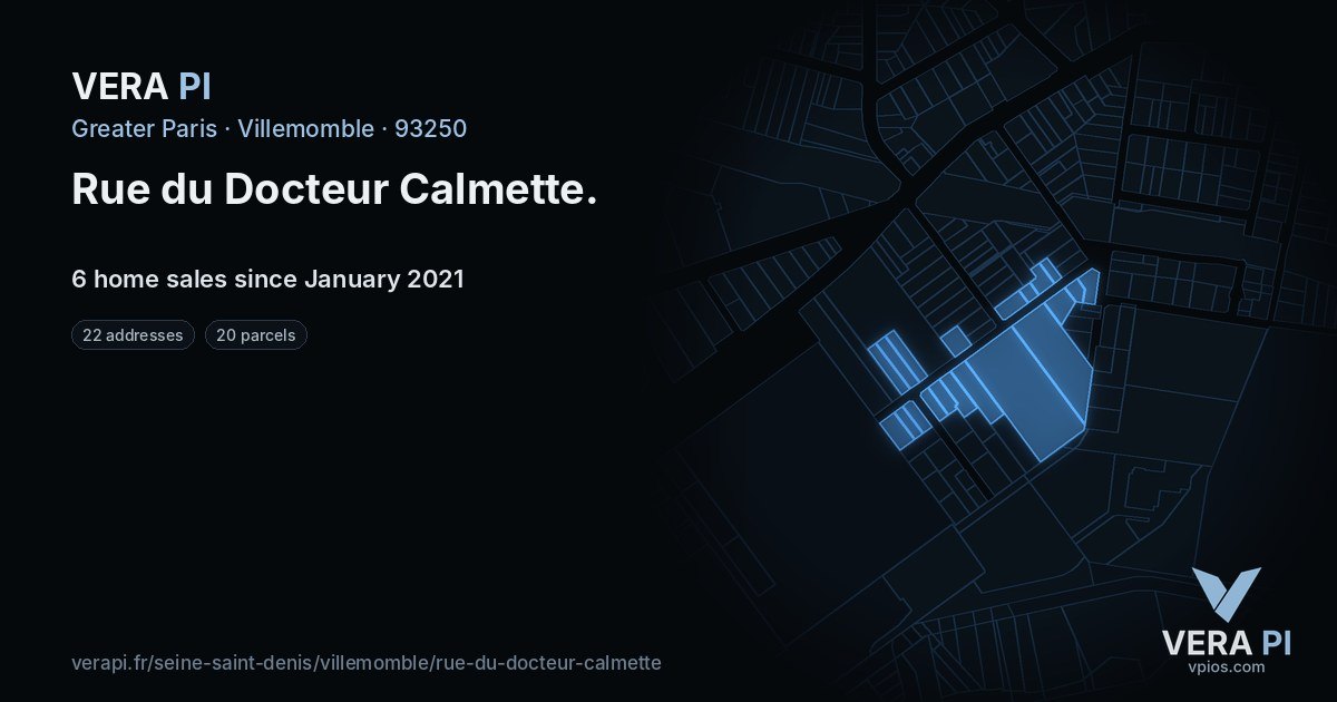 Rue du Docteur Calmette, Villemomble at night – every parcel coloured by the prices around it, the street's own parcels lit