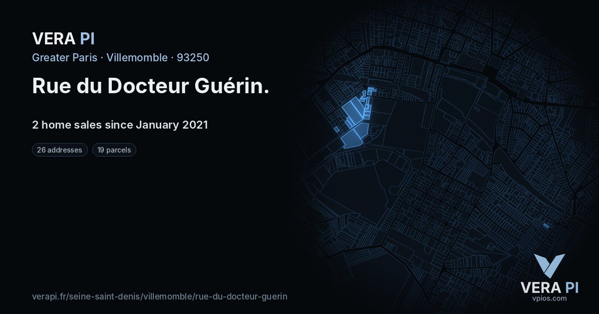Rue du Docteur Guérin, Villemomble at night – every parcel coloured by the prices around it, the street's own parcels lit