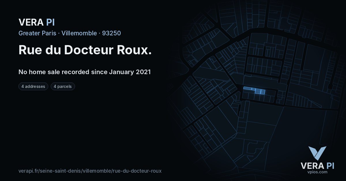Rue du Docteur Roux, Villemomble at night – every parcel coloured by the prices around it, the street's own parcels lit