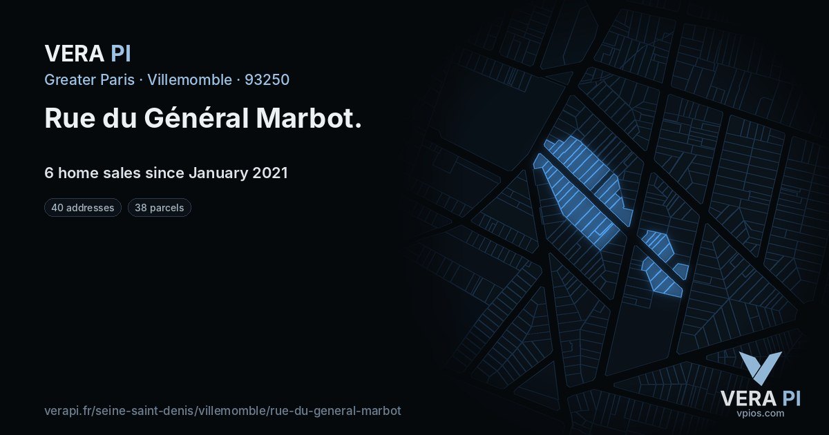 Rue du Général Marbot, Villemomble at night – every parcel coloured by the prices around it, the street's own parcels lit