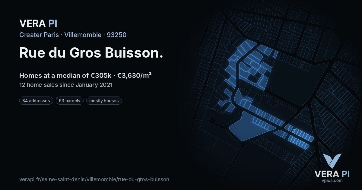 Rue du Gros Buisson, Villemomble at night – every parcel coloured by the prices around it, the street's own parcels lit