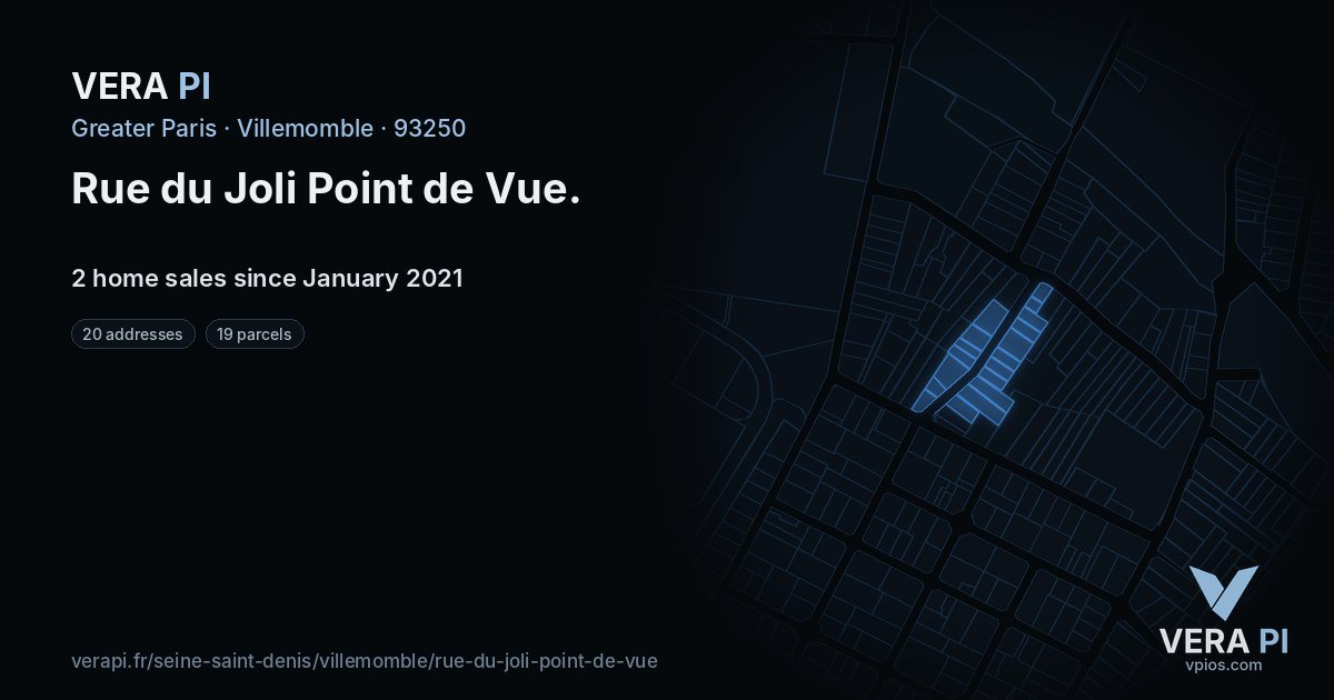 Rue du Joli Point de Vue, Villemomble at night – every parcel coloured by the prices around it, the street's own parcels lit