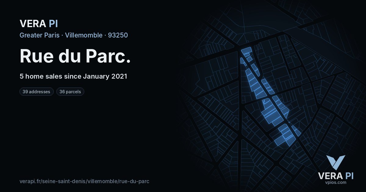 Rue du Parc, Villemomble at night – every parcel coloured by the prices around it, the street's own parcels lit