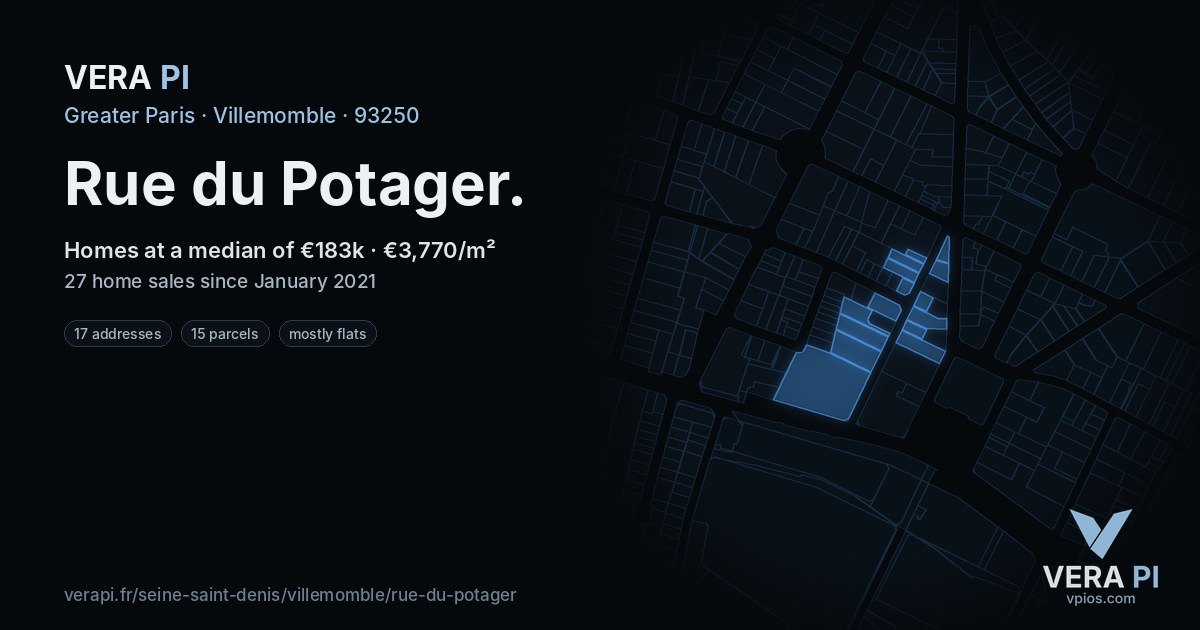 Rue du Potager, Villemomble at night – every parcel coloured by the prices around it, the street's own parcels lit