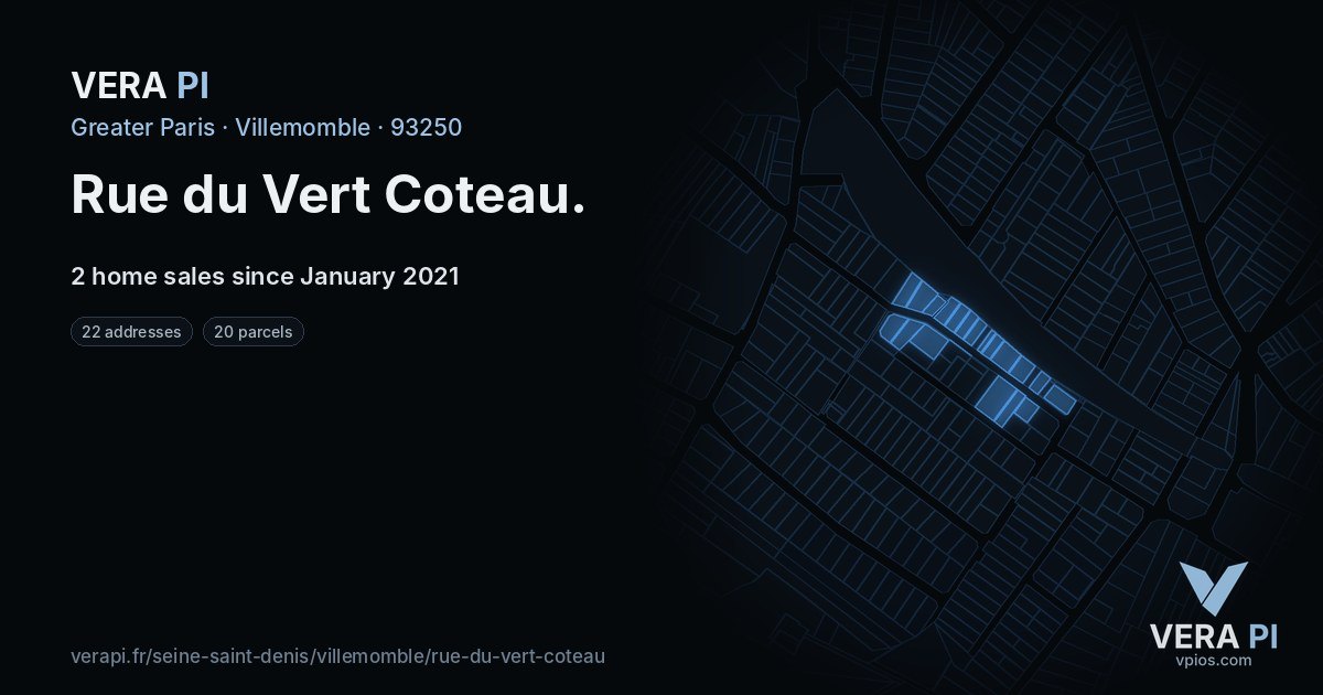 Rue du Vert Coteau, Villemomble at night – every parcel coloured by the prices around it, the street's own parcels lit