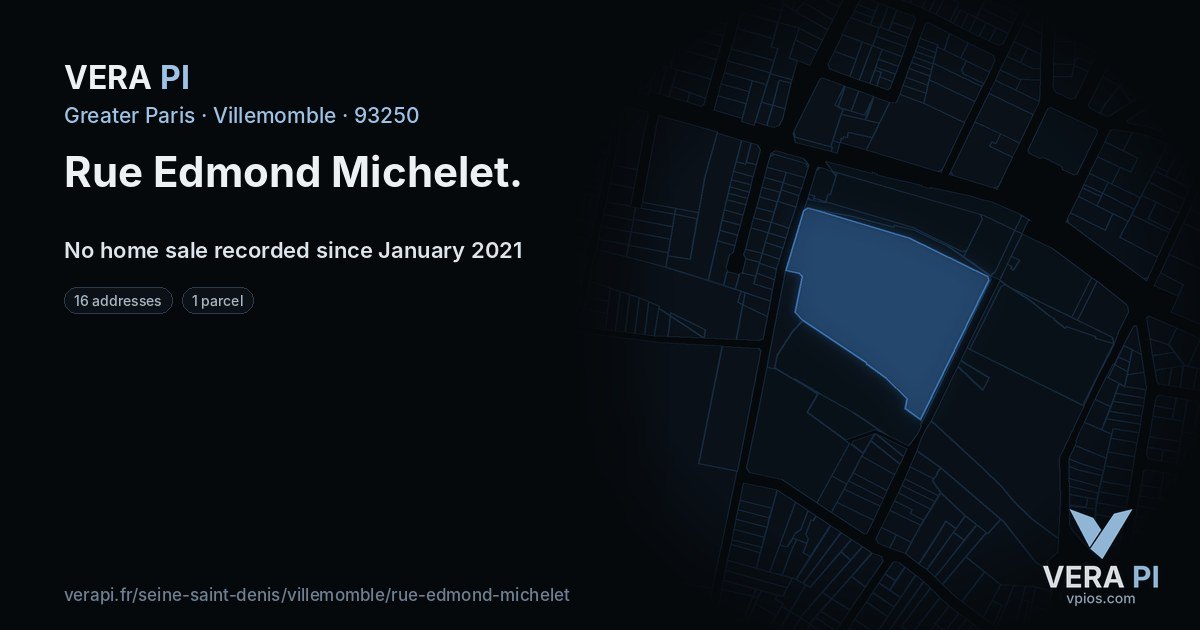 Rue Edmond Michelet, Villemomble at night – every parcel coloured by the prices around it, the street's own parcels lit