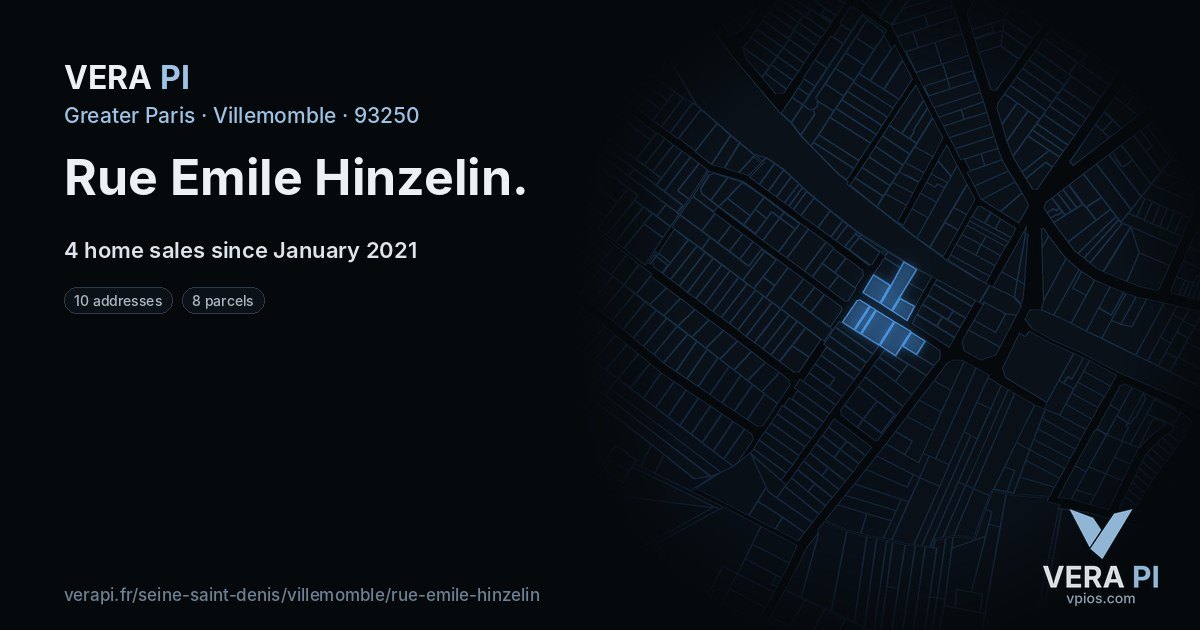 Rue Emile Hinzelin, Villemomble at night – every parcel coloured by the prices around it, the street's own parcels lit