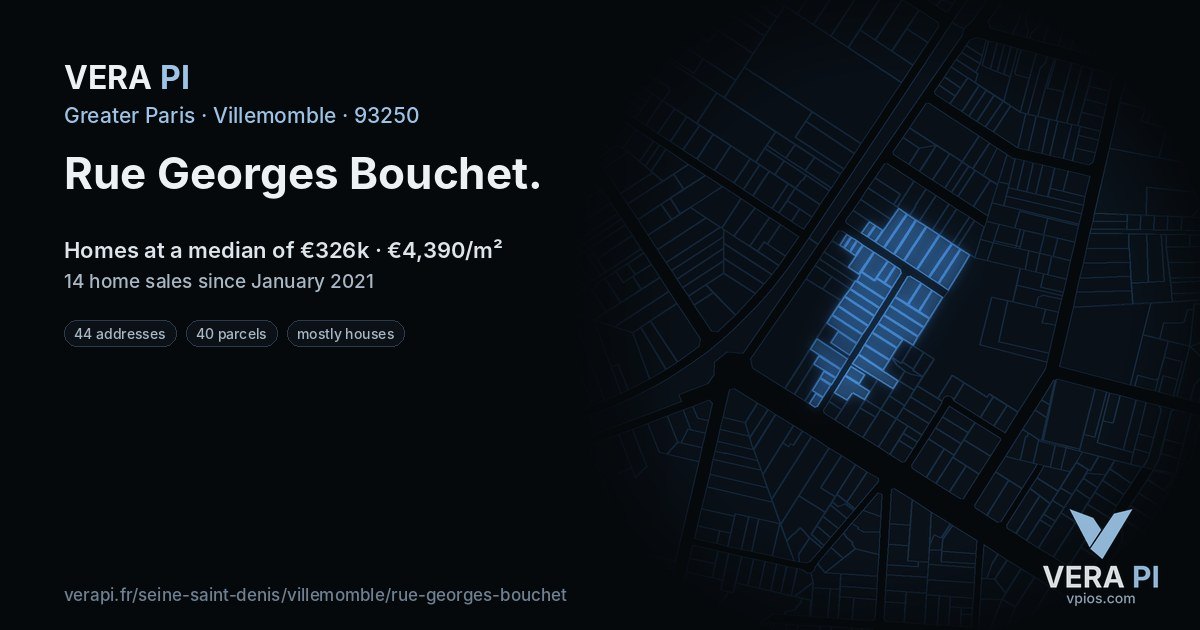 Rue Georges Bouchet, Villemomble at night – every parcel coloured by the prices around it, the street's own parcels lit