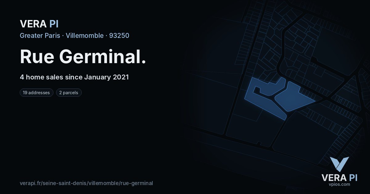 Rue Germinal, Villemomble at night – every parcel coloured by the prices around it, the street's own parcels lit