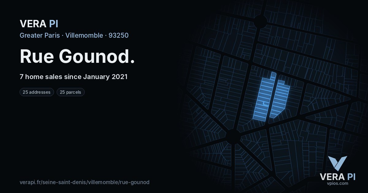 Rue Gounod, Villemomble at night – every parcel coloured by the prices around it, the street's own parcels lit