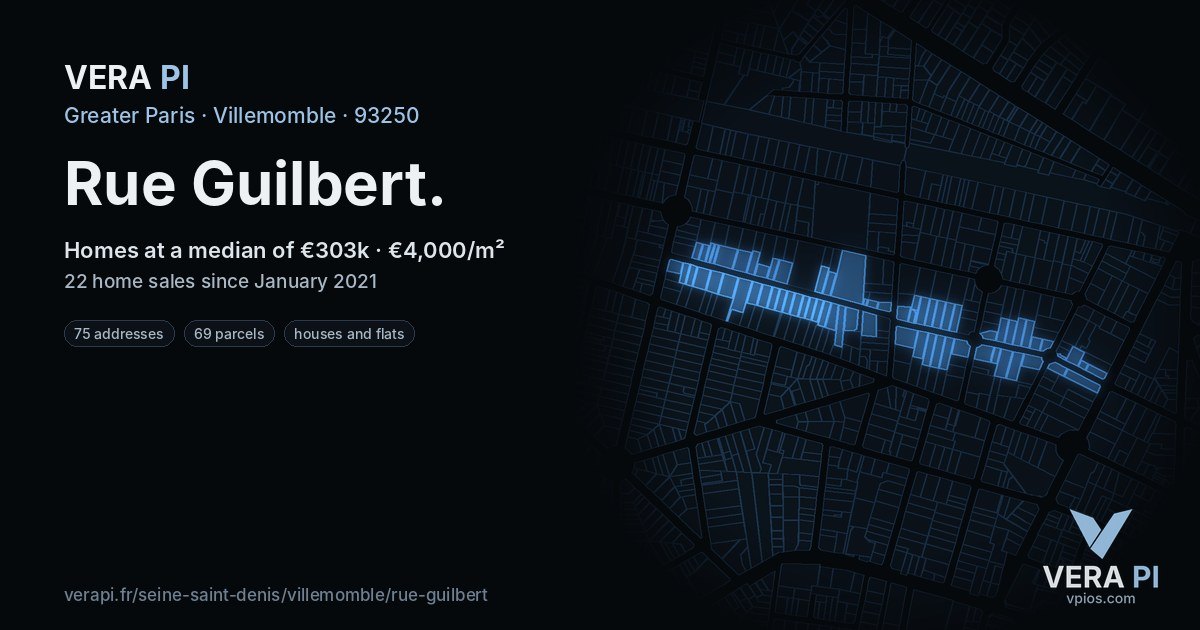 Rue Guilbert, Villemomble at night – every parcel coloured by the prices around it, the street's own parcels lit