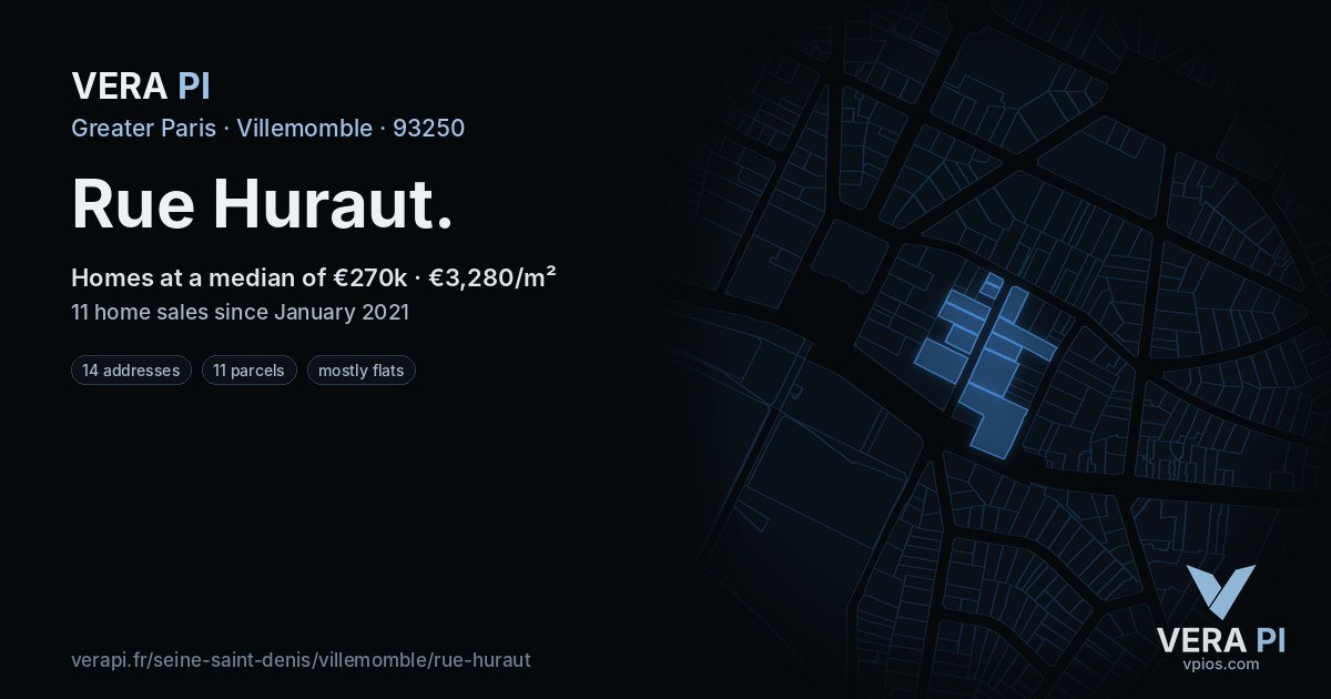 Rue Huraut, Villemomble at night – every parcel coloured by the prices around it, the street's own parcels lit