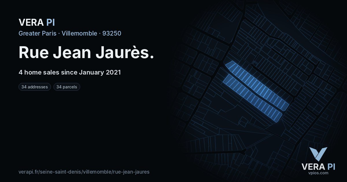 Rue Jean Jaurès, Villemomble at night – every parcel coloured by the prices around it, the street's own parcels lit