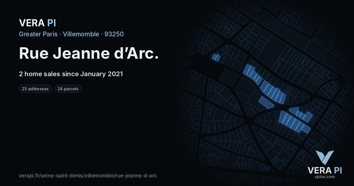 Rue Jeanne d’Arc, Villemomble at night – every parcel coloured by the prices around it, the street's own parcels lit